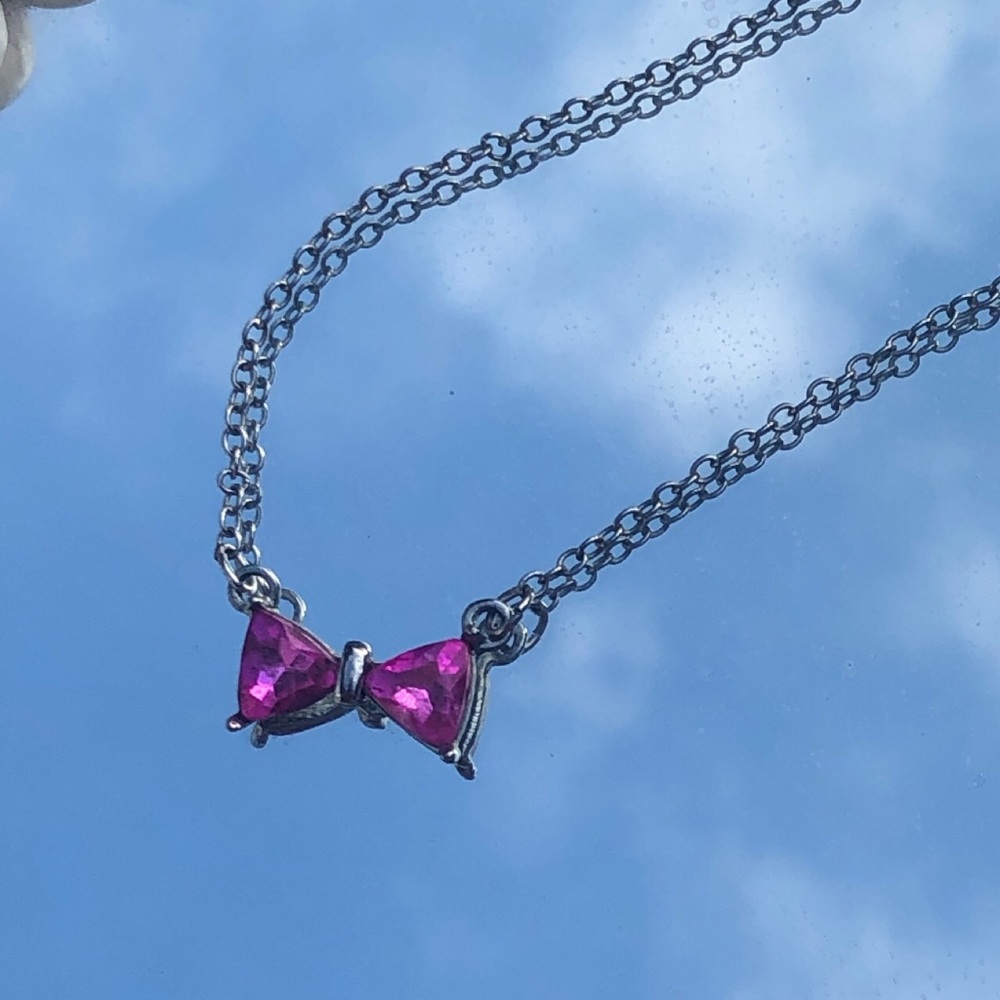 Pink Gemstone Bow Ribbon Necklace